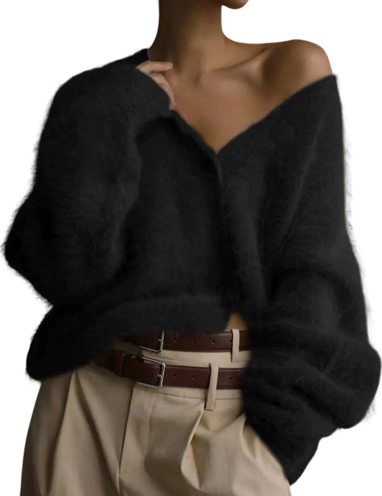 Yimoon Womens Fuzzy Cardigan V Neck Long Sleeve Button Down Slouchy Furry Knit