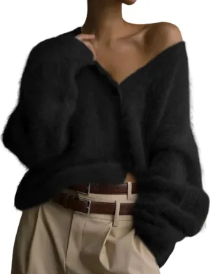 Yimoon Womens Fuzzy Cardigan V Neck Long Sleeve Button Down Slouchy Furry Knit