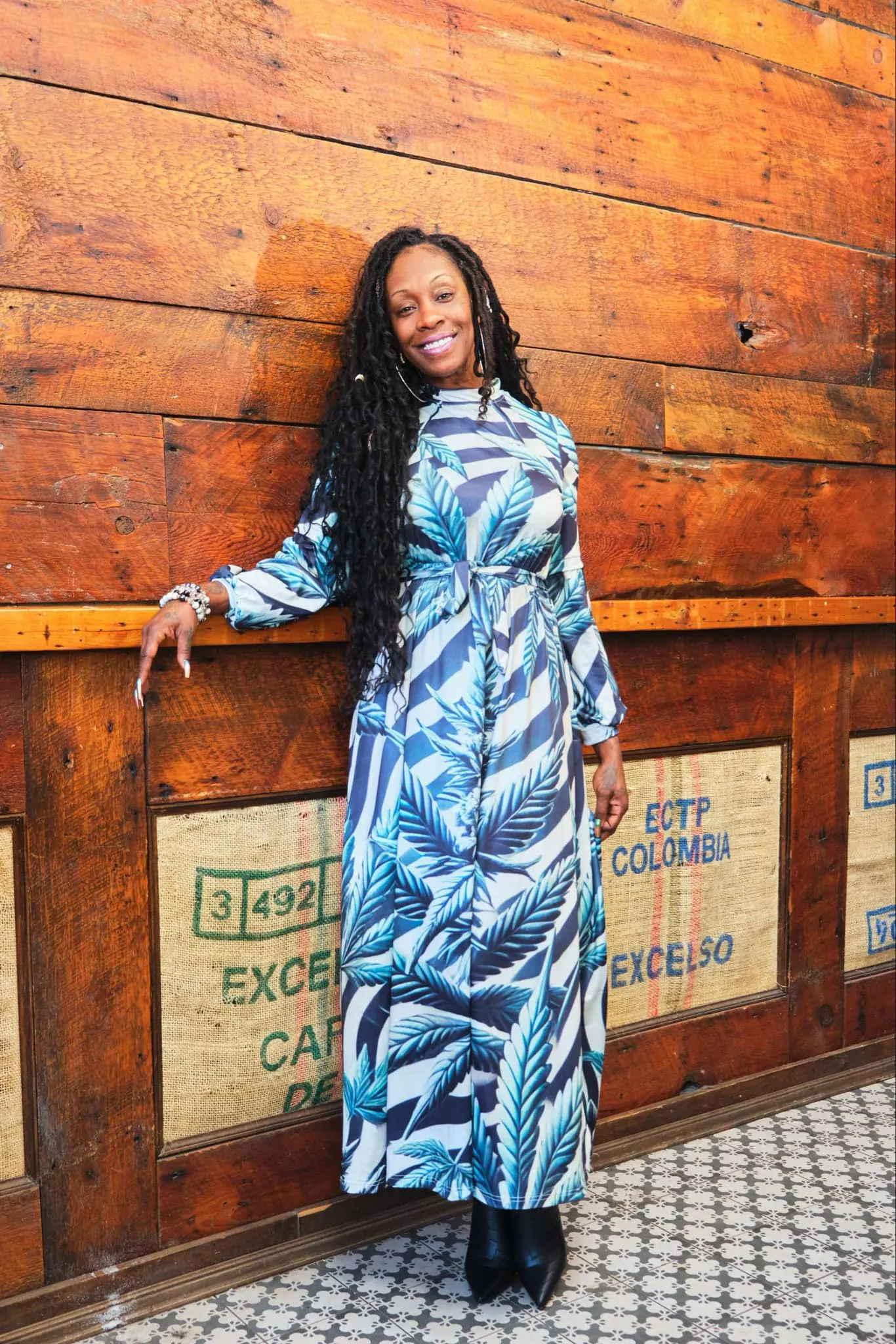 Zebra Stripes & Buds High Neck Long Dress