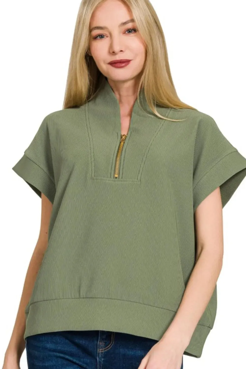 Zenana Ribbed High Neck Half Zip Top