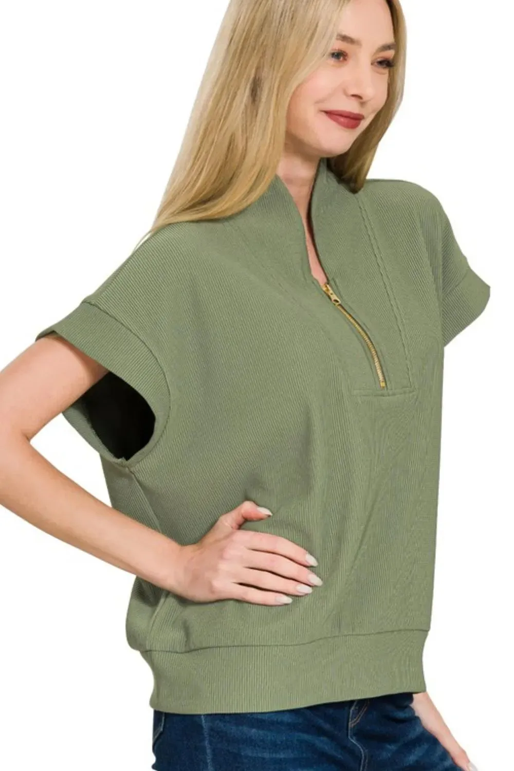 Zenana Ribbed High Neck Half Zip Top