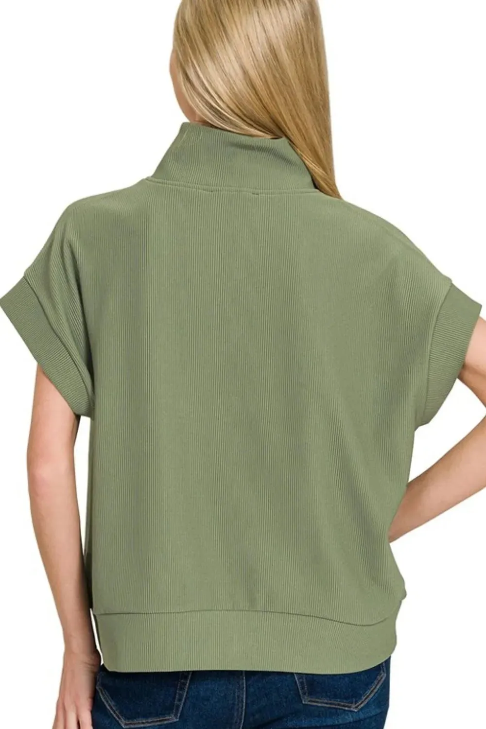Zenana Ribbed High Neck Half Zip Top