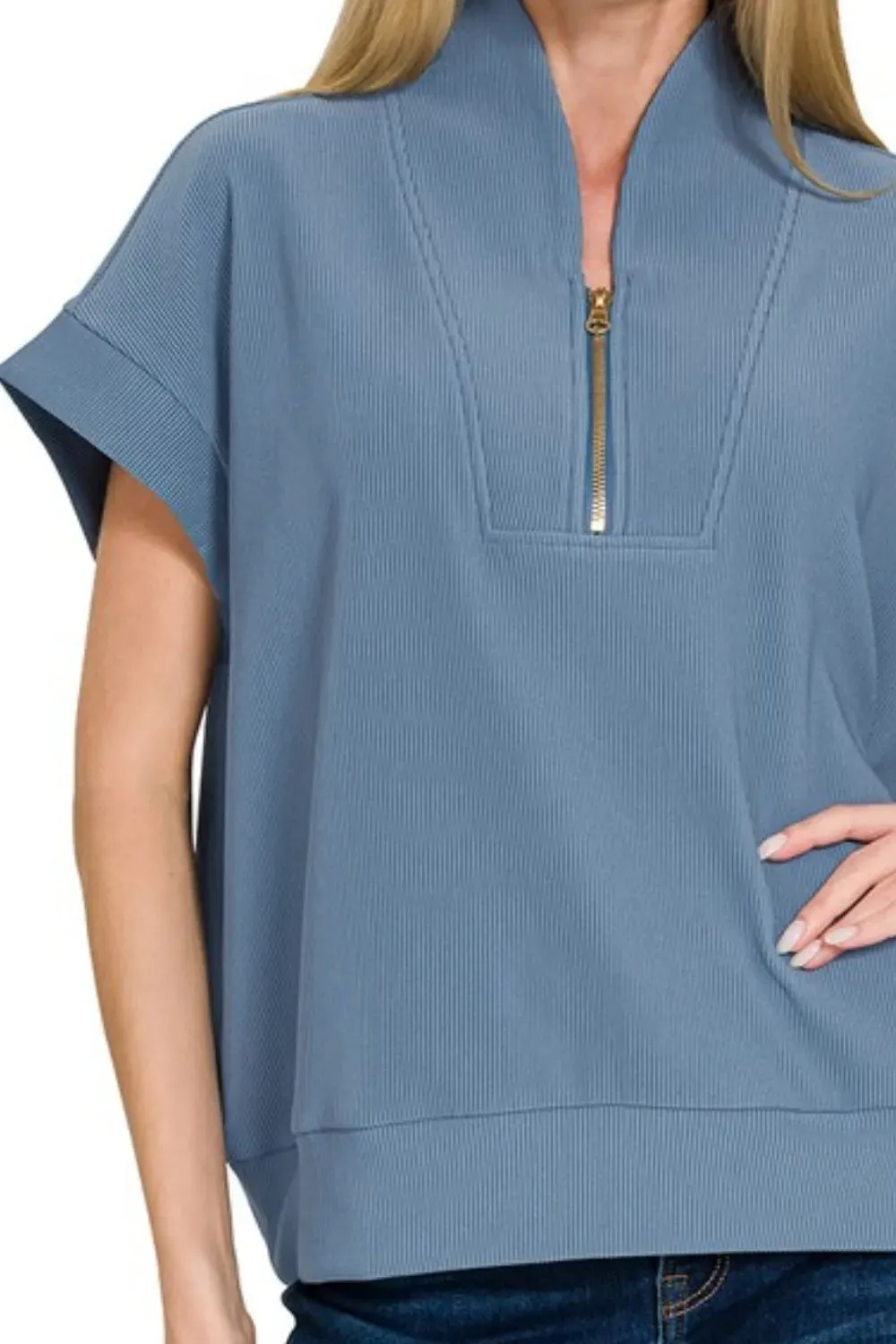 Zenana Ribbed High Neck Half Zip Top